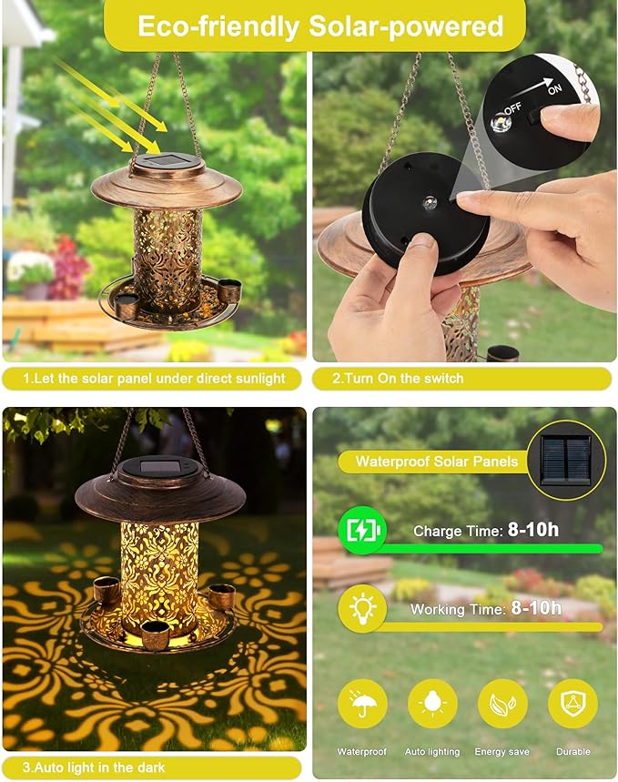 Solar Bird Feeders for Outdoors, Metal Hanging Bird Feeder with 3 Water Cups,Rust Resistant, Solar Garden Lantern for Outdoors Decor,The Perfect Choice for Gift(2.5LB)