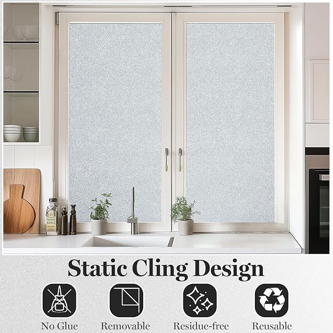 DUOFIRE Window Privacy Film, Sparkling Frosted Glass Window Film, UV Blocking Non-Adhesive Static Cling Window Clings, No Glue Removable Window Coverings for Home Office Bathroom, 11.8 X 78.7 inch