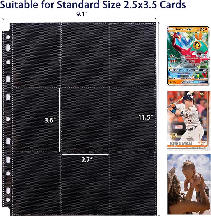 20 Pack 360 Pockets Black Trading Card Sleeves Binder Sheets, Double Sided Thicken Game Card Sleeves for 3 Ring Binder, 9 Pocket Side Loading Page Protector for MTG, Yugioh, Game, Baseball Cards