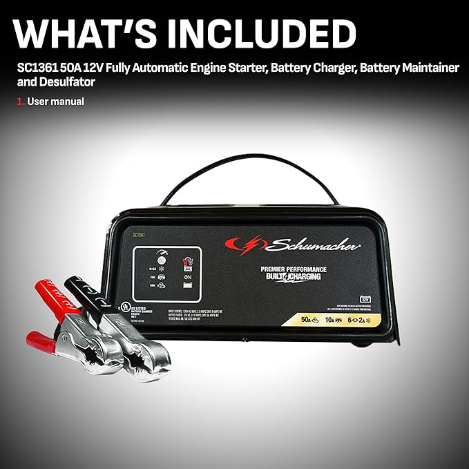 Schumacher Electric 50A 12V Car Battery Charger, Engine Starter Maintainer - Fully Automatic Battery Charger for Cars, Trucks RVs - 6A Charge 2A Maintain 10A Boost Modes - SC1361