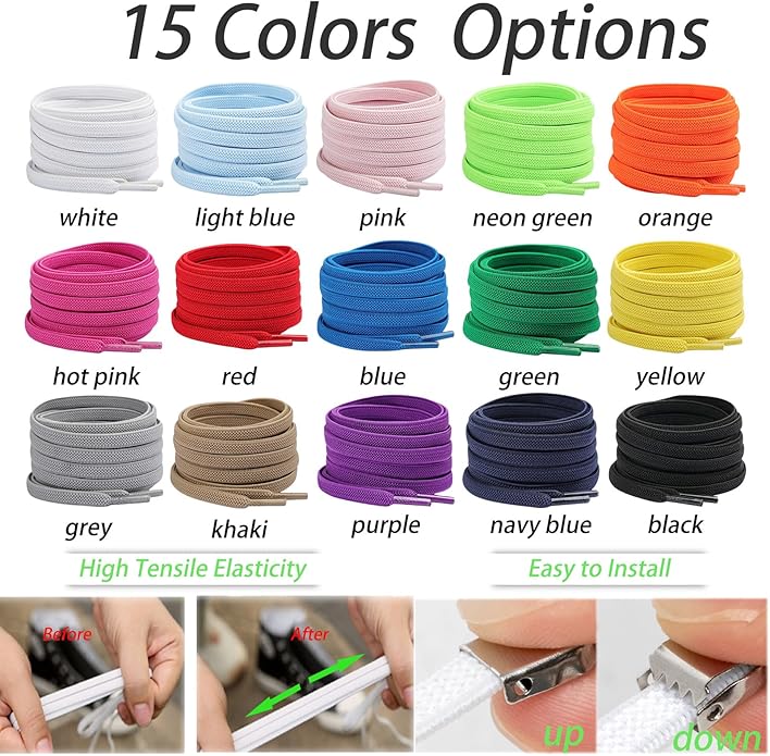 2 Pairs Elastic Tieless Shoe Laces for Sneakers, No Tie Shoelaces for Adults and Kids