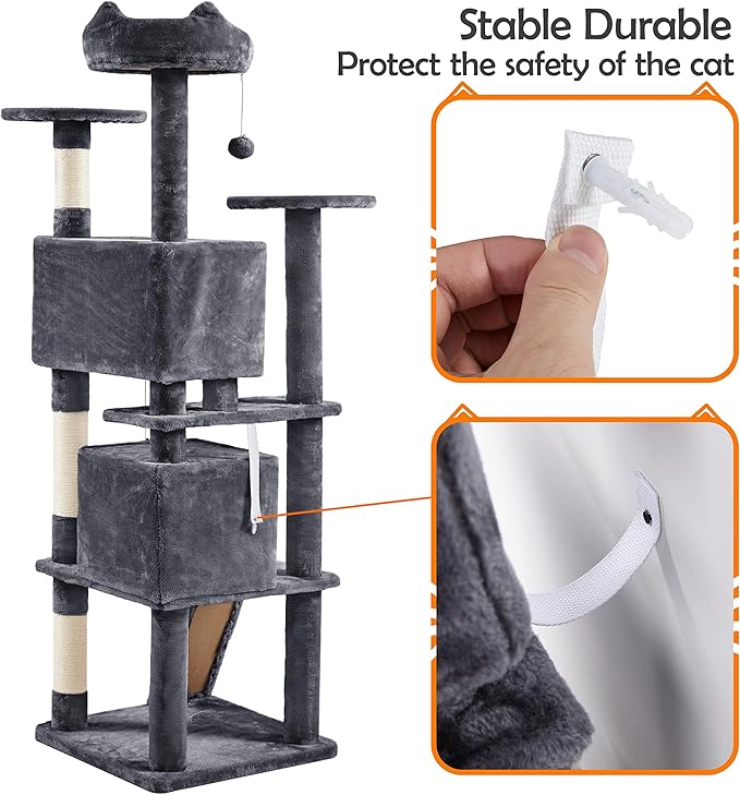 Yaheetech Cat tree tower, large plush multi-level condominium furniture with sisal scratching posts and 2 hanging balls gray color