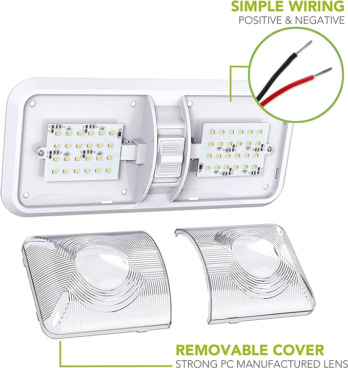 Leisure LED RV LED Ceiling Double Dome Light Fixture with ONOFF Switch Interior Lighting for CarRVTrailerCamperBoat DC 12V Natural White 4000-4500K 48X2835SMD Natural White 4000-4500K, (1 Pack)