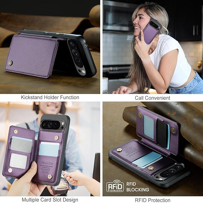 Compatible with Google Pixel 9 Pro XL 5G 6.8" Wallet Case with Card Holder RFID Blocking for Women Men, Double Magnetic Clasp Kickstand Shockproof Phone Case for Pixel 9 Pro XL, Purple