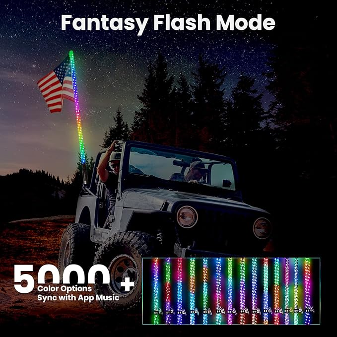 2PCS 4FT Led Whip Light with 4 Flags Weatherproof 360 Spiral Led Chase Light Bluetooth and Remote Control Lighted Antenna Whip for ATV, UTV, RZR, Buggy Dune(4FT 2PCS)
