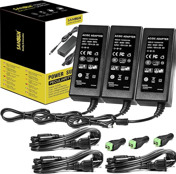12V 5A Power Supply, AC 120V to DC12V 5.5x2.1mm Jack Converter, 12 Volt LED Driver 60W Adapter Transformer for Strip Lights, Surveillance Cameras, External HDD, Monitor, CCTV (Pack of 3)