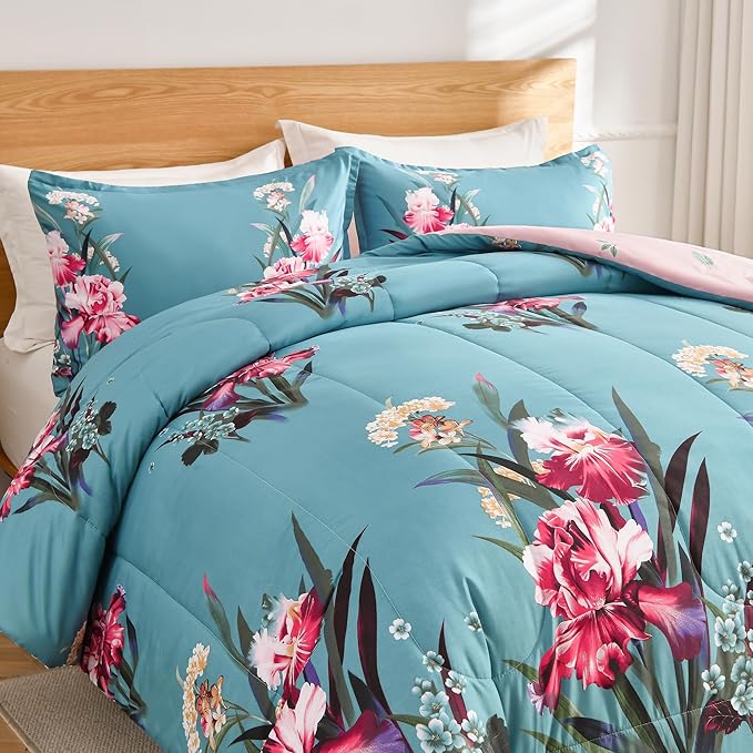 Shatex (86x82Inch 3 Piece Full Size Comforter Set Blue All Season Bedding Botanical Teal Floral - Ultra Soft 100 PolyesterAi 1 Full Comforter with 2 Pillow Shams(20x26Inch)