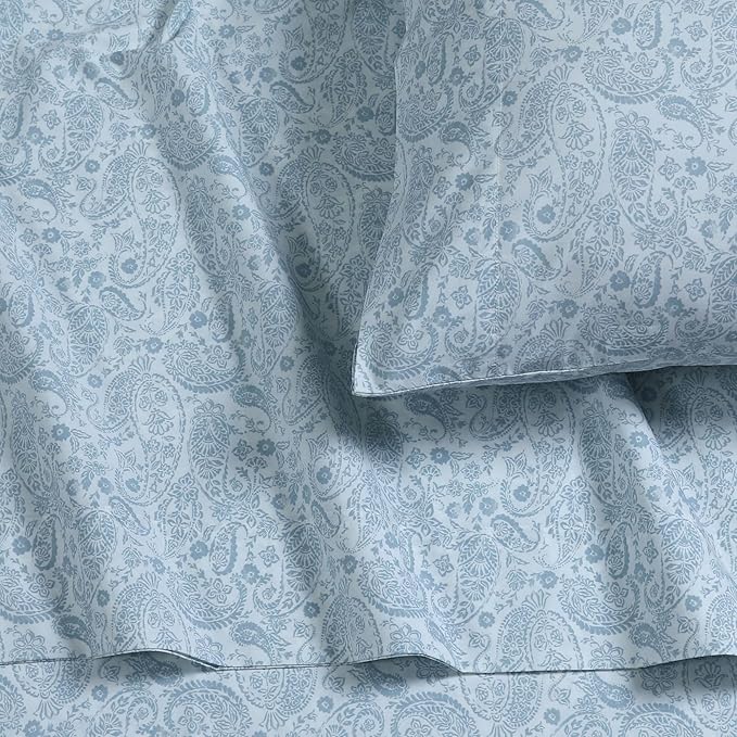 Tribeca Living Cotton Percale California King Size Bed Sheet Set, 300 Thread Count, Extra Deep Pockets, Printed Danielle Paisley Blue