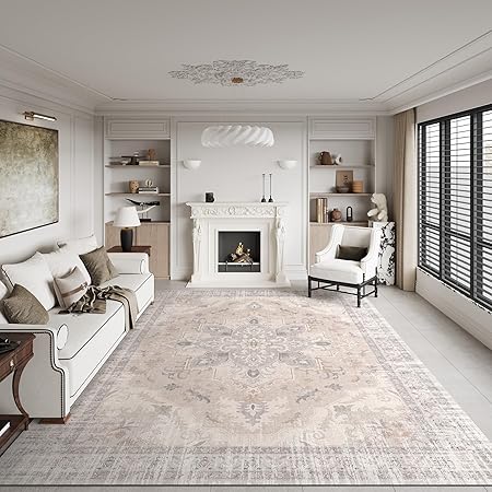 Boho Tribal Living Room Rug - 6x9 Washable Area Rug with Non-Slip Backing Low-Pile Bohemian Printed Rug Distressed Rug 6x9 Large Carpet for Living Room Office Farmhouse Bedroom -Light Blush