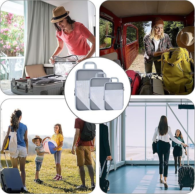 3 Set Compression Packing Cubes for Travel, Lightweight Packing Travel Organizer Zipper Cubes Set,Durable Travel Essentials Accessories Expandable Storage Travel Luggage Bags Organizers Set