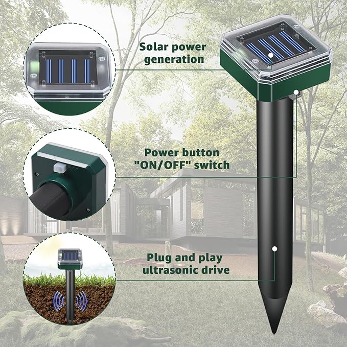 Mole Repellent Solar Powered-Waterproof Vole Chipmunk Repellent Outdoor Ultrasonic Mole Repeller Vole Vibration Stakes for Yard Mole Deterrent Spike for Chipmunk Groundhog Snake Rodent(4pack)