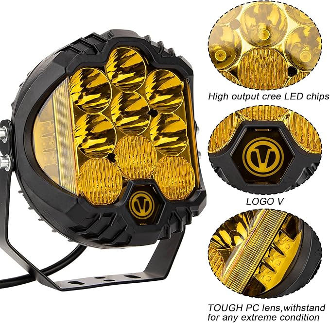 PSLER 7 Inch Amber Round LED Offroad Light - 35W 8000LM Spot Flood Combo, IP67 Waterproof Driving Light Bar with DRL for Wrangler Pickup SUV ATV UTV Golf Cart Trucks 4x4, F150-1 Pack