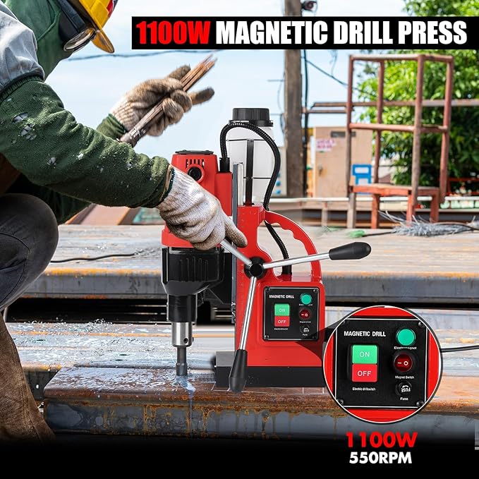 Mag Drill Press, 1100W 550RPM Portable Magnetic Drill Press, Magnetic Core Electric Drilling Machine for Metal Working,14Pcs Annular Cutters Drilling Bits,Red