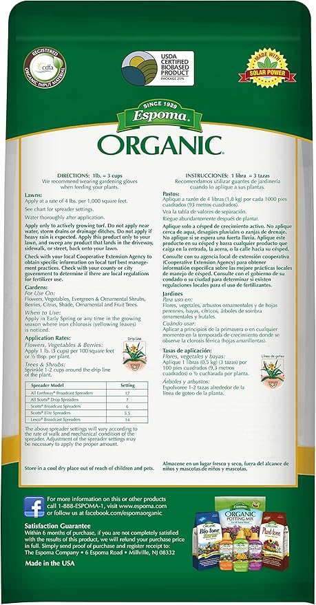 Espoma Organic Iron-Tone 3-0-3 Organic Fertilizer and Plant Food to Help Correct Iron Deficiency (Chlorosis). 5 lb. Bag. Turns Yellow to Green, Non Staining Iron