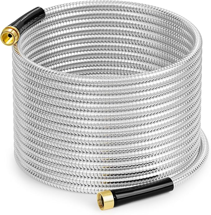 Metal Garden Water Hose 50 FT, Flexible and Lightweight, Heavy Duty Stainless Steel Pipe with Brass Fittings for Reel, Yard, Outdoor, Boat