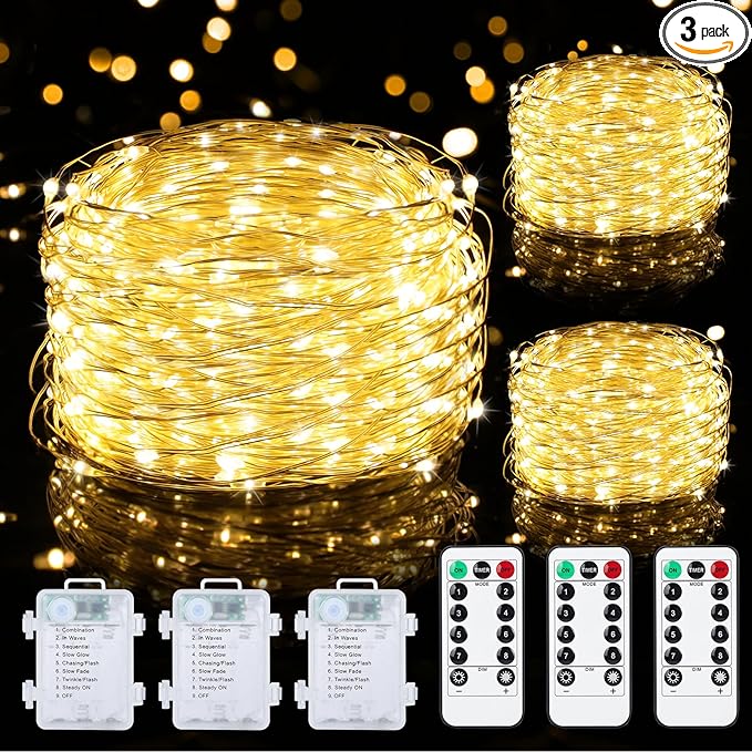 Mlambert 3 Pack 33FT Fairy Lights Battery Operated with Remote and Timer, Waterproof Dimmable 8 Modes 100 LEDs Twinkle Lights for Indoor Outdoor Decor