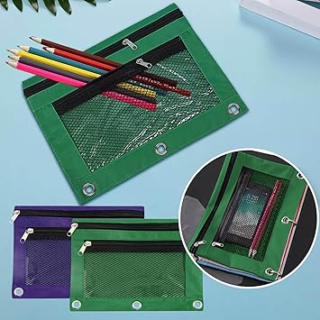 Pencil Pouch,Pencil Pouch for 3 Ring Binder,3 Ring Binder Pencil Case with 2 Zippers,PVC Document Storage Bag,Large Capacity Pencil Pouch Bulk Holder Accessories,Mesh Window Pencil Case (Green)