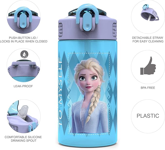 Zak Designs Disney Frozen 1 Pc Water Bottle with Reusable Straw and Built in Carrying Loops, Made of Plastic, Leak-Proof Designs 16 oz, BPA-Free (Frozen)