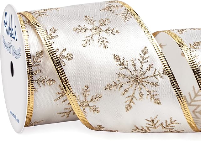 Ribbli Snowflake Glitter Satin Wired Ribbon,Ivory Satin Ribbon with Gold Glitter Snowflake Pattern and Gold Metallic Edge,2-12 Inch x 10Yards Christmas Ribbon for Tree Decoration