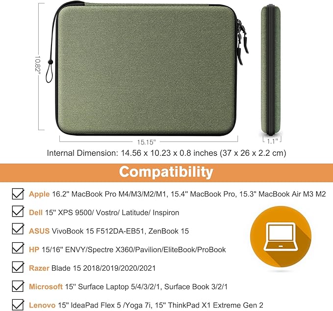 FINPAC Hard Laptop Sleeve Case for 15.3 inch MacBook Air M3 M2 2024, 16.2 inch MacBook Pro M4/M3/M2/M1 Pro/Max A2991 A2780 A2485 A2141, Waterproof Case for Surface Laptop/Book, Olive