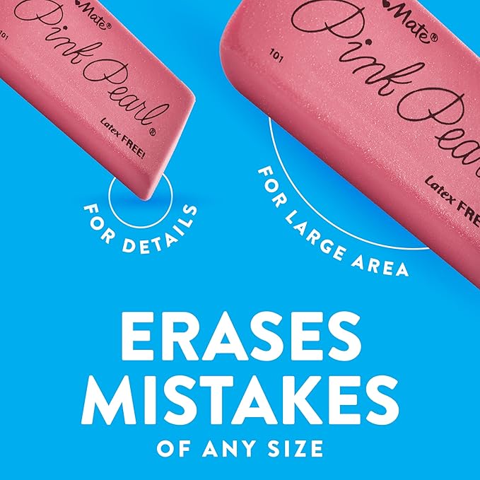 Paper Mate Large Pink Pearl Erasers, 12 pcs, Stain Resistant, Latex-Free, Back-to-School Supplies for Teachers & Students, Artists, for Classroom, Office & Home