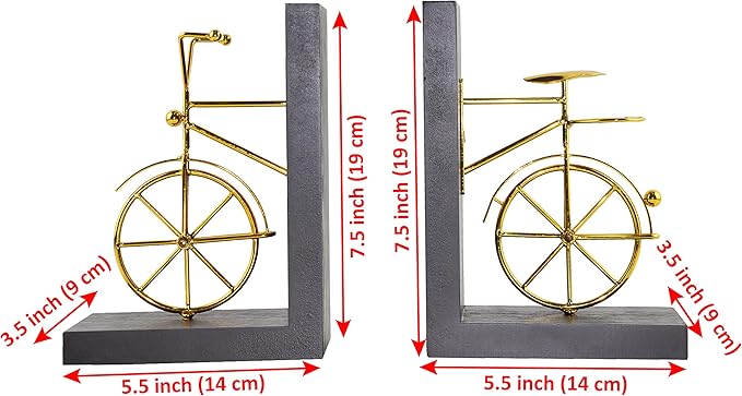 Spiretro Bicycle Bookend Supports, Decorative Book Stoppers with Non-Skid Bottom, Handcrafted Distressed Wood Metal Book Stand, Display for Bookshelf Office Desktop, 1-Pair, Golden Brown