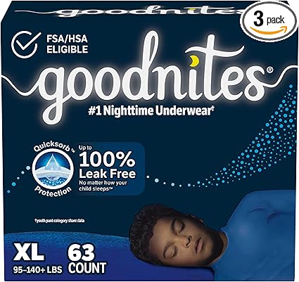 Goodnites Boys' Nighttime Bedwetting Underwear, Size Extra Large (95-140 lbs), 63 Ct (3 Packs of 21), Packaging May Vary