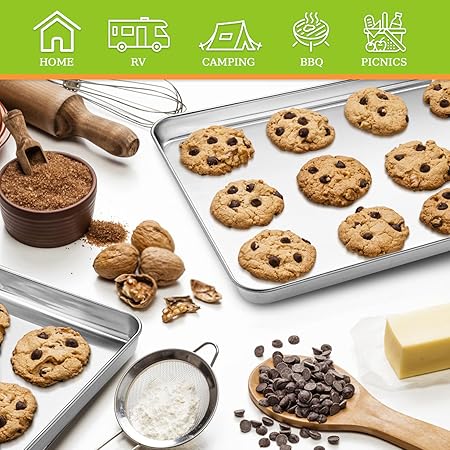 CEKEE Stainless Steel Baking Sheet Set of 2, Cookie Sheet for Baking Pan Tray, Toaster Oven Baking Pan Set, Rectangle Size 16 x 12 x 1 inch, Non Toxic, Mirror Finish Rust Free, Dishwasher Safe