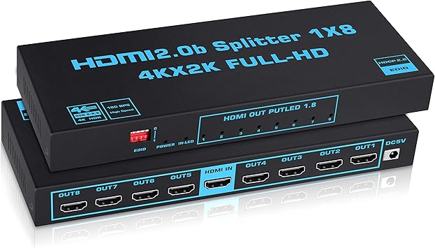 1x8 HDMI Splitter with EDID, avedio Links 4K60Hz HDMI2.0b Splitter 1 in 8 Out Audio Video Distributor Box with Power Adapter, Support 3D HDCP2.2, RGB8:8:8, 18.5Gbps for PS5, Fire Stick