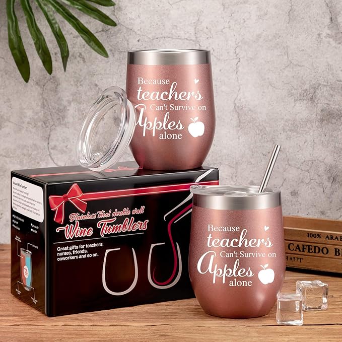 2 Pieces Teacher Can't Survive on Apples Alone, Thank You Teacher Appreciation Gift for Women Funny Birthday Christmas Thanksgiving Teacher Gifts 12 oz Wine Tumbler with Straw and Cleaning Brush