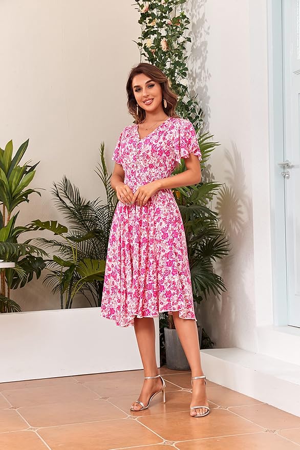Woman's Floral V Neck Button Elastic Waist Dress with Pockets
