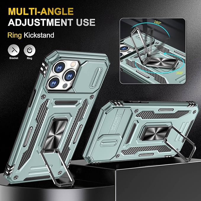 Phone Case for iPhone 13 Pro Max Case iPhone 13 Pro Max Phone Case with Slide Camera Cover, with Finger Ring Holder Stand, fit Magnetic Car Mount, for iPhone 13 Pro Max (Alpine Green)