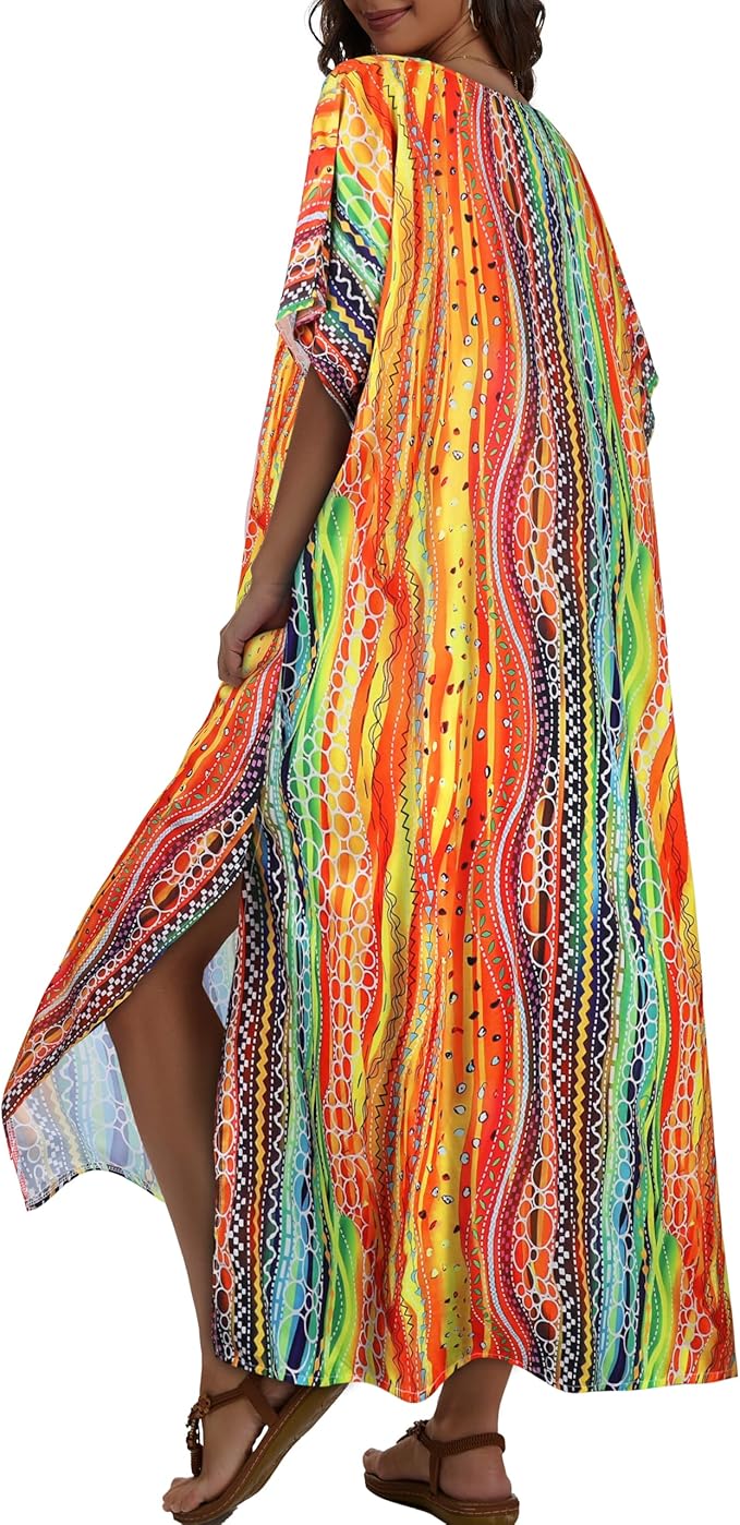Kaftan Dresses for Women V Neck Caftan Long Batwing Sleeve Swimsuit Cover Up Beach Swimwear