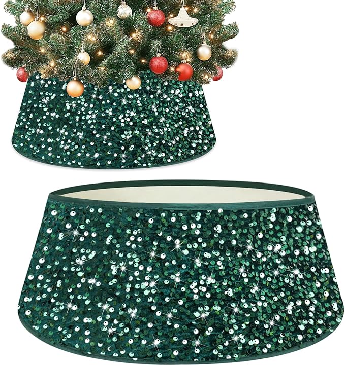 Christmas Tree Collar Hunter Green 24 Inch Xmas Tree Ring Sparkling Sequin Christmas Tree Basket Skirt for Christmas Tree Decor Glitter Velvet Tree Collars Tree Skirt for Xmas Party Occasions