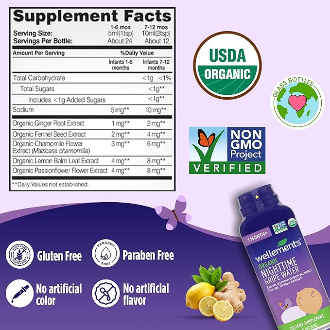 Wellements Organic Nighttime Gripe Water for Babies 1 Month (4 Fl Oz) - Baby Gripe Water for Bedtime Relief Gas, Colic Fussiness - Herbs Promote a Peaceful Nights Sleep - USDA Certified Non GMO