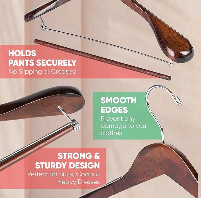 Suit Hangers for Men 6 Pack Wide Shoulder Hanger Smooth Finish Wooden Suit Hanger for Men and Women Coat Hangers 360 Swivel for Dress Jacket Non Slip Pant bar with Locking bar