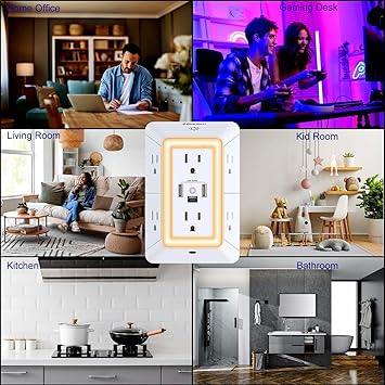 Outlet Extender USB Wall Charger - POWRUI 6 AC Surge Protector Outlets with 3 USB Ports (1 USB C) and Night Light, 3-Sided Multi Plug Wall Outlet Power Strip with Spaced Outlets, ETL Listed, White