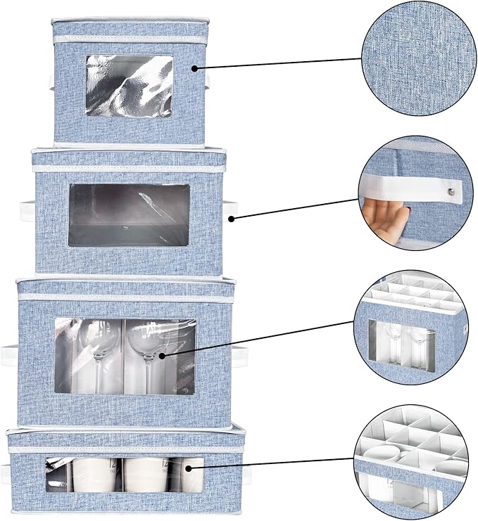 China Storage Containers,Wine Glass Mug Plate Dish Stemware Storage Box with Dividers,Hard Shell Dinnerware Case with 24 Felt Protectors for Crystal Glassware,Coffee Cup,Bowl Packing Moving (Blue)