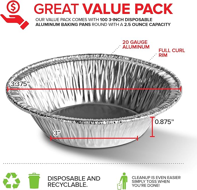 Stock Your Home 100 Count Aluminum Mini Pie Pans - 3 Inch Disposable Recyclable Foil Pie Tins for Bakeries, Cafes, Restaurants