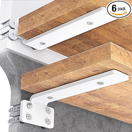 Goovilla Shelf Bracket, Heavy Duty Floating Shelf Brackets 10 inch Long, 6 Pack Brackets for Shelves, White Coated Metal Wall Shelf Support Brackets with 15 Inch Thick and 160 lb. Load Capacity
