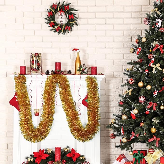50 Feet Gold Tinsel Garland Christmas Foil Tinsel Garland Decoration Metallic Banner Wall Hanging Tinsel Streamers Garland for Christmas Tree Birthday Party Decorations (3.54" x 50', Gold)