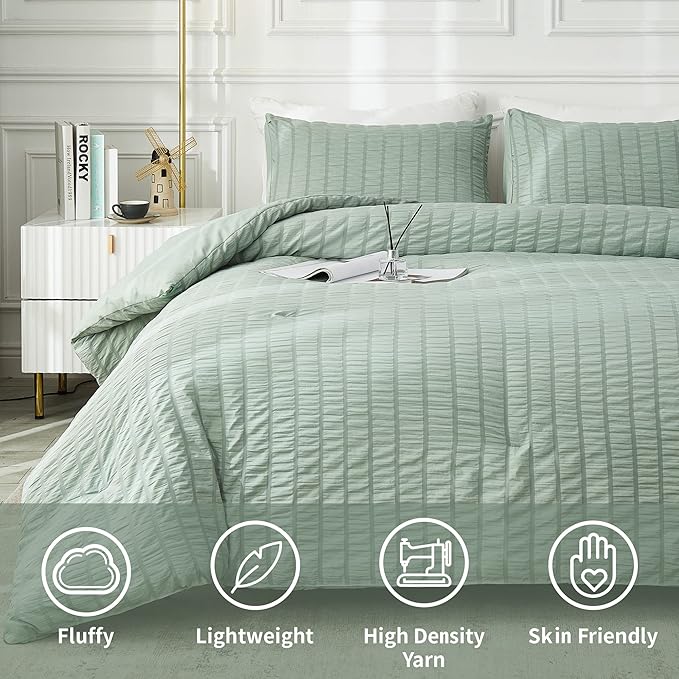 AveLom Seersucker Queen Comforter Set, Sage Green, 90x90, 3 Pieces