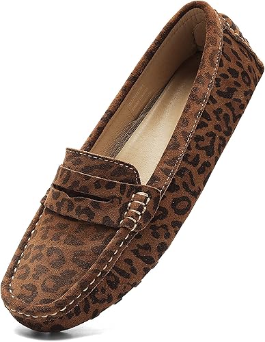 Osslue Women's Suede Leather Casual Penny Loafers Retro Ladies Moccasins Driving Mocs Comfort Slip-On Fashion Boat Shoes Classic Flats