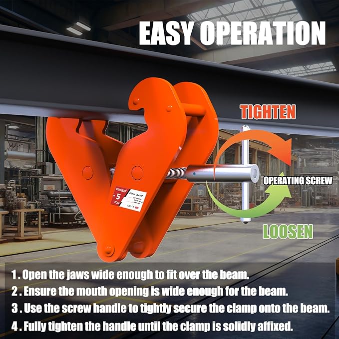 Orange Vertical Beam Clamp - 5 Ton (11000lbs) Capacity, 3.15-12.6Inch Opening Range, Heavy Duty Steel Clamp Tool