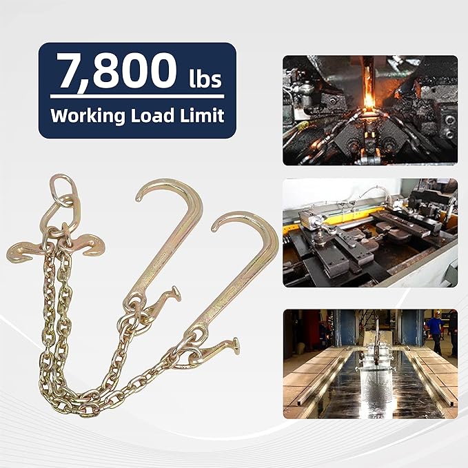 38" x 2' G70 Tow Chain V- Bridle with 15" Long Shank J Hooks and Grab Hooks, Flatbed Truck Trailer Safety Tow Chain, 7,800 lbs Safe Working Load