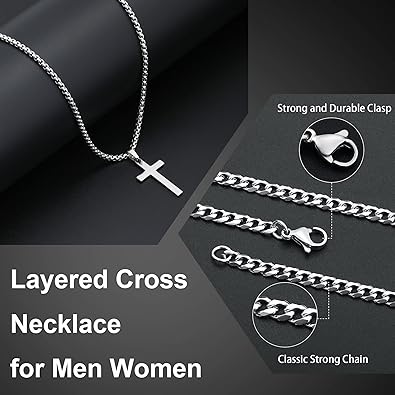 LUXEJEW Cross Necklace for Men - Gold Silver Black Stainless Steel Cross Pendant Necklace Layered Cuban Link Chain Box Chain Mens Jewelry Gifts