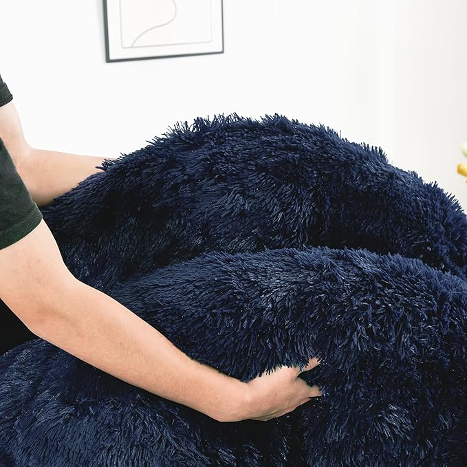 annadaif Fluffy Duvet Cover Queen Size, Navy Blue Plush Shaggy Faux Fur Comforter Cover Velvet Bedding Set with Zipper Closure(1 Duvet Cover, 2 Pillowcases)