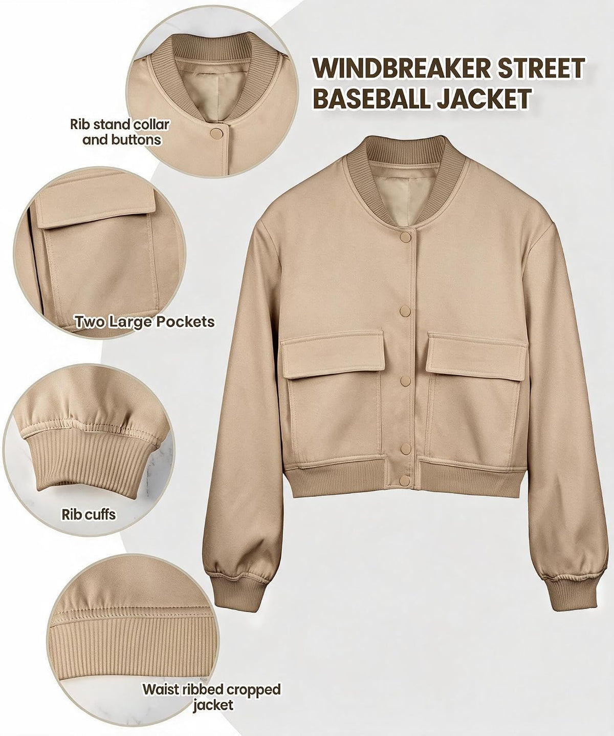 Women's Spring Varsity Bomber Jackets Long Sleeve Cropped Button Down Casual Coat with Pockets Outwear