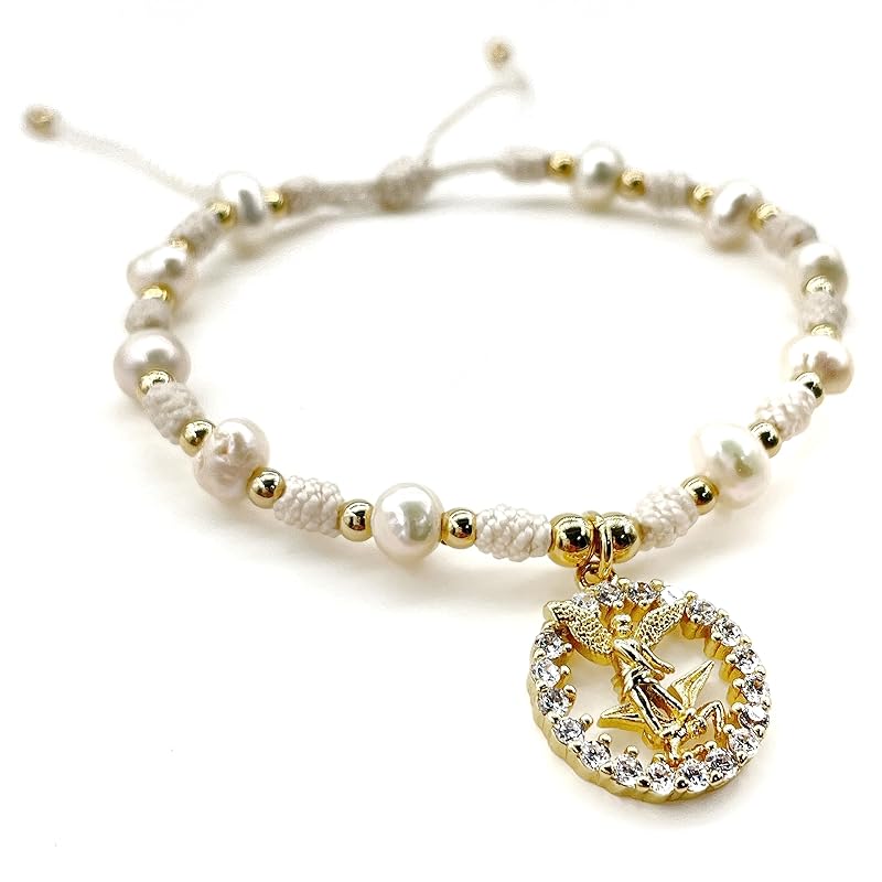 St Michael Archangel Pendant Medal on Adjustable Ivory Cord and Freshwater Pearls Wrist Adjustable Bracelet (Ivory)