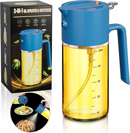 Oil Sprayer for Cooking, 2 in 1 Olive Oil Dispenser Bottle for Cooking,500ml17oz Glass Olive Oil Sprayer, Patented, Continuous Spray with Portion Control, for Kitchen, Air Fryer, Salad, BBQ - Blue